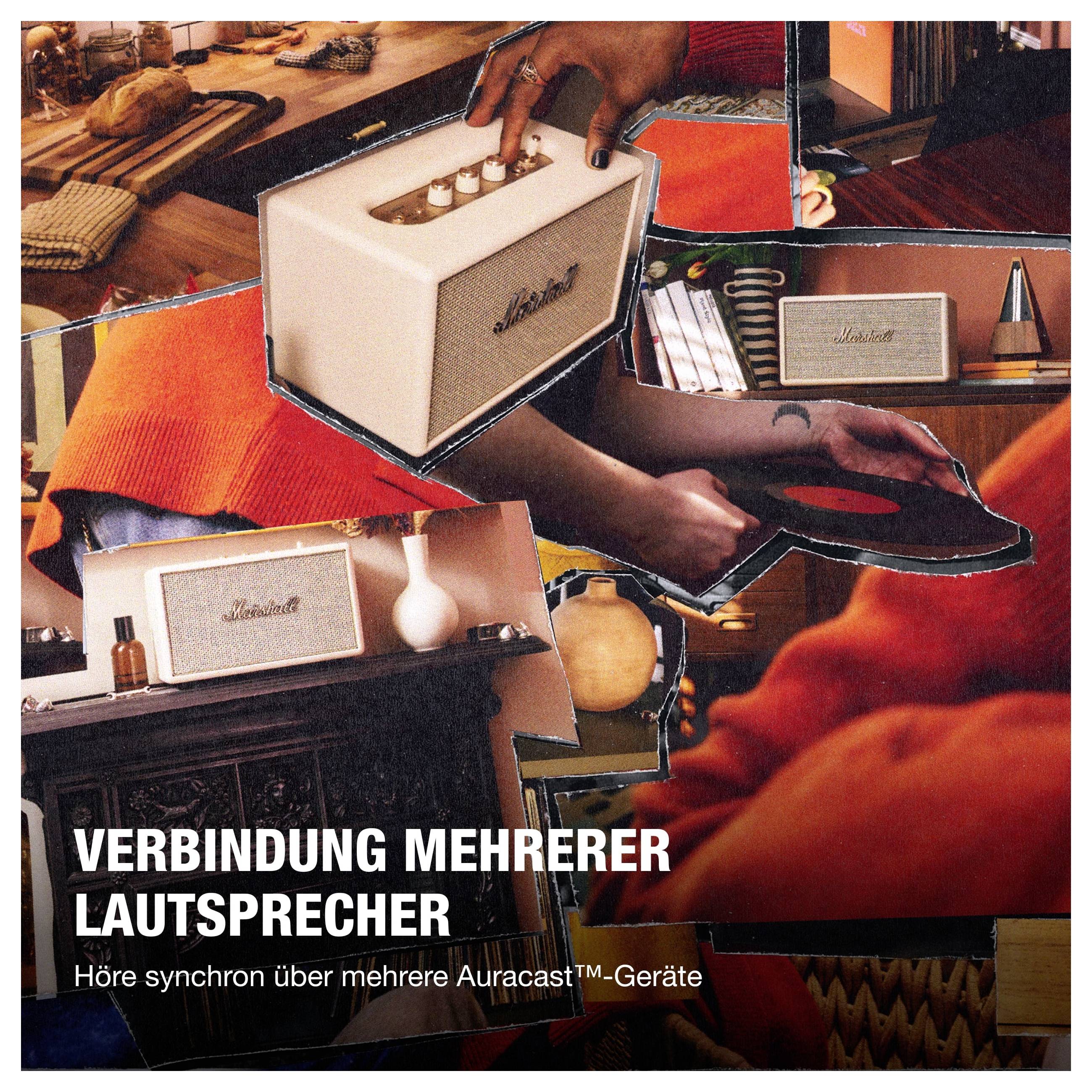 Werbung für die Verbindung mehrerer Lautsprecher: mehrere Marshall-Geräte in einer Collage, mit dem Text 'VERBINDUNG MEHRERER LAUTSPRECHER' und 'Höre synchron über mehrere Auracast™-Geräte'.