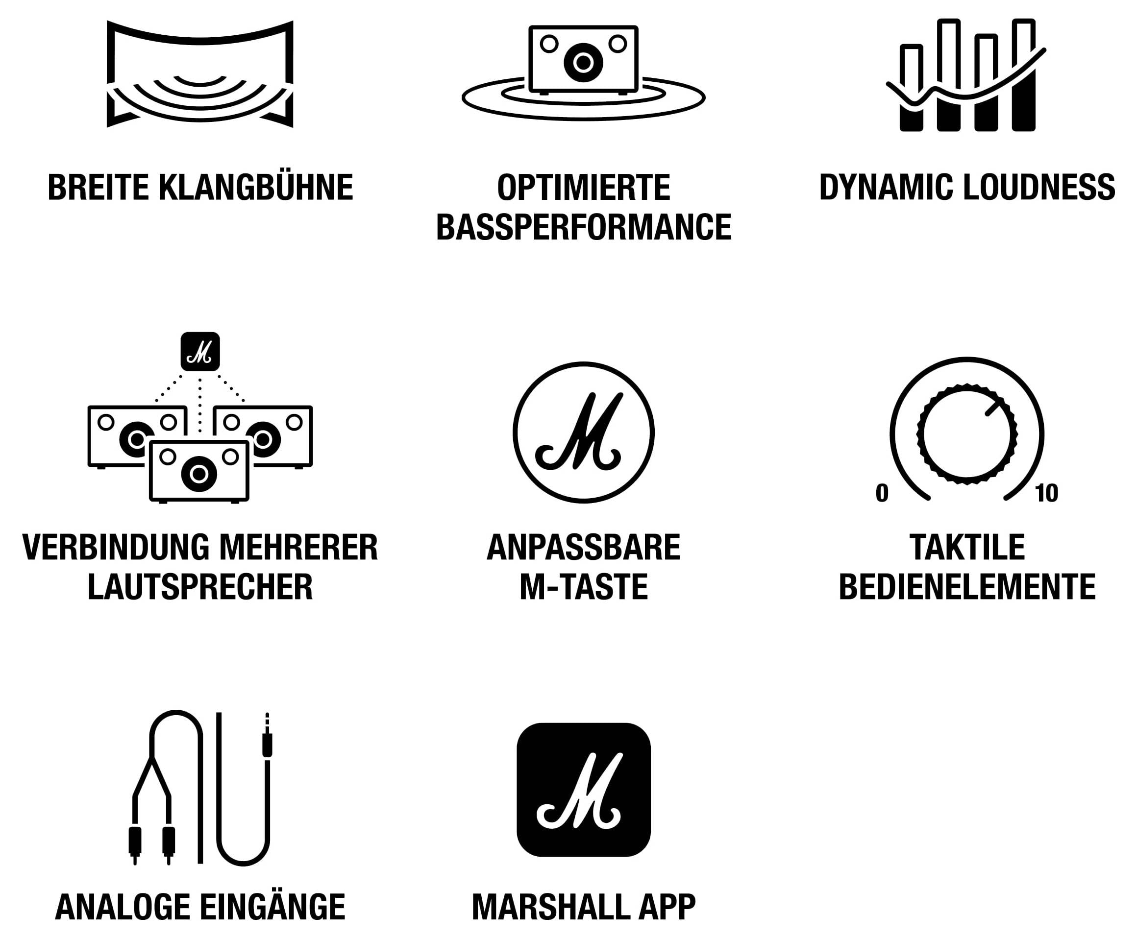 Symbolliste Marshall-Lautsprecher-Funktionen: breite Klangbühne, optimierter Bass, dynamische Lautstärke, Multi-Lautsprecher-Verbindung, anpassbare M-Taste, taktile Bedienelemente, Analogeingänge und Marshall-App.