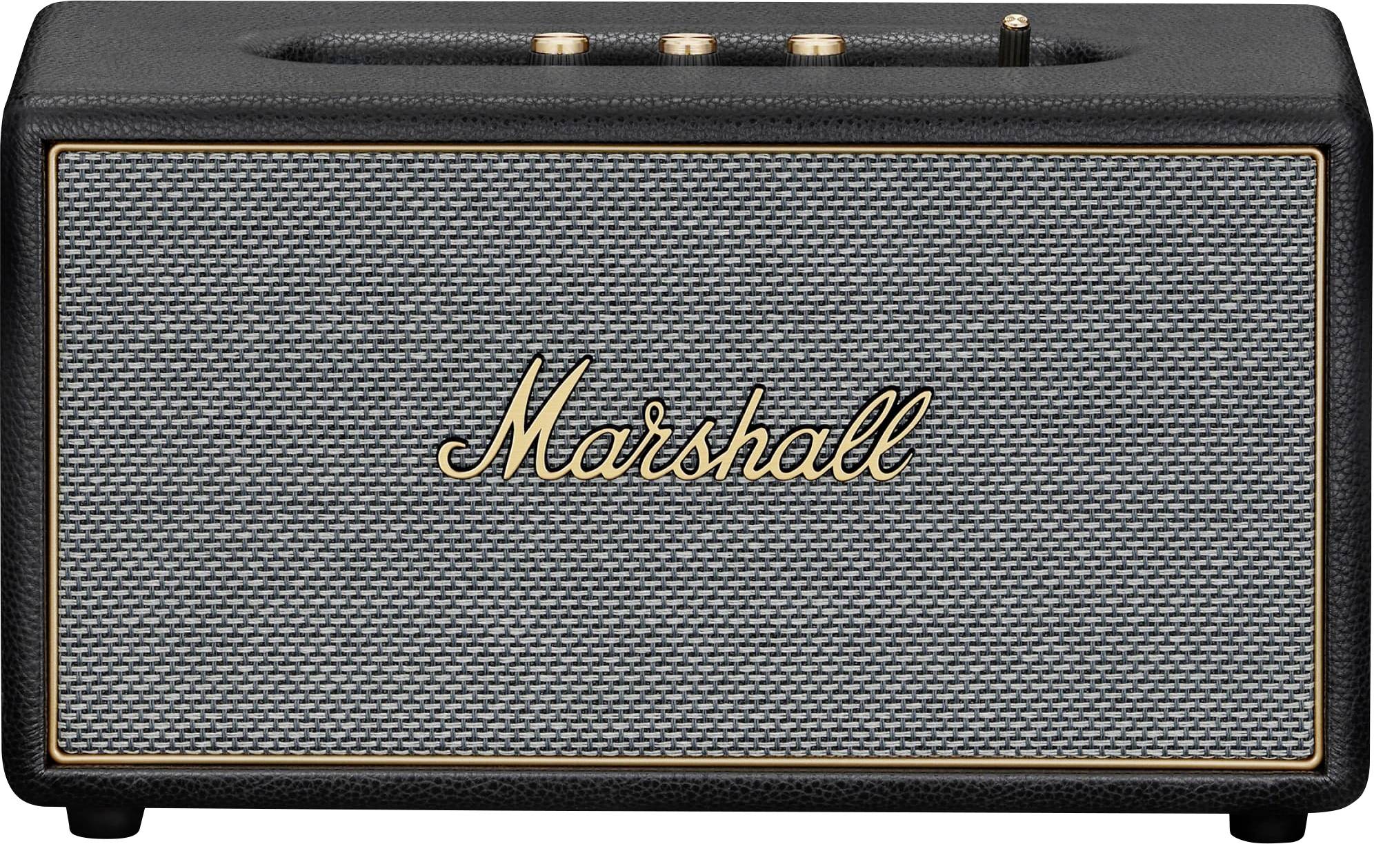 Tragbarer Marshall-Lautsprecher oder Radio in Schwarz mit goldenem Logo und Bedienelementen auf der Oberseite, Vorderansicht auf weißem Hintergrund.