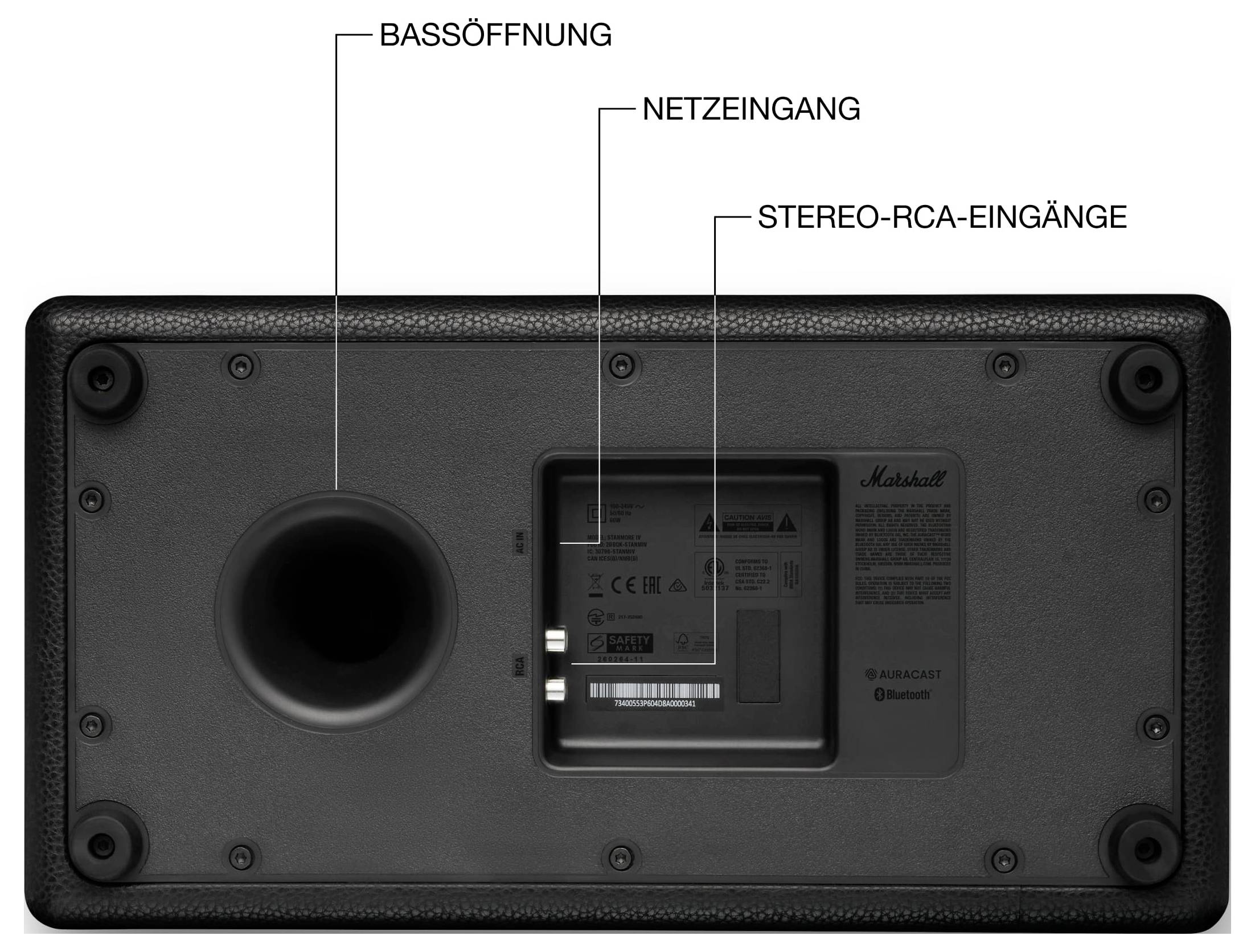 Rückseite eines Lautsprechers mit beschrifteten Anschlüssen: Bassöffnung, Netzeingang und Stereo-RCA-Eingänge.