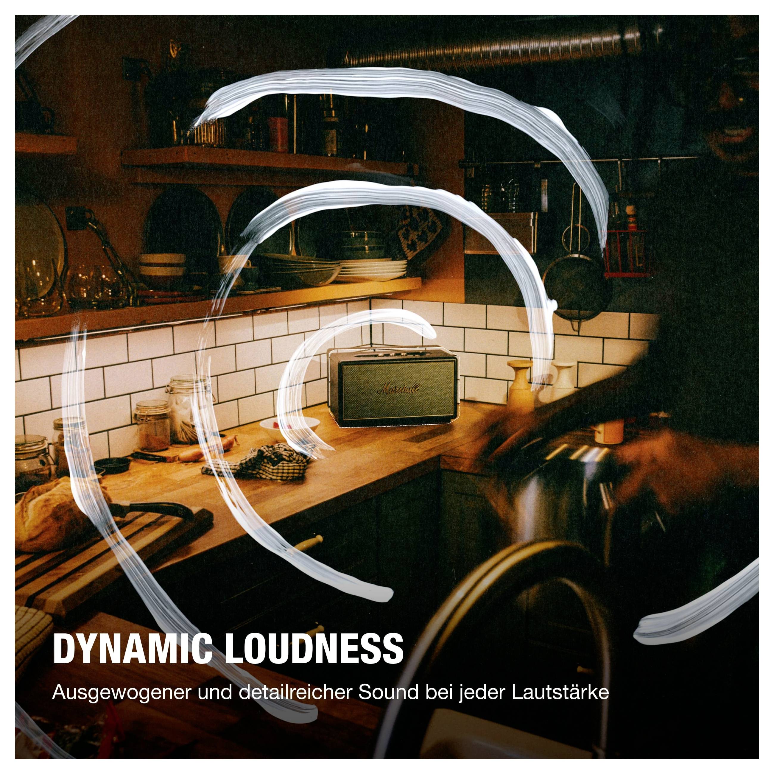 Radio auf einer Küchenarbeitsplatte mit Leuchtspuren; Text: 'DYNAMIC LOUDNESS' und 'Ausgewogener und detailreicher Sound bei jeder Lautstärke'.
