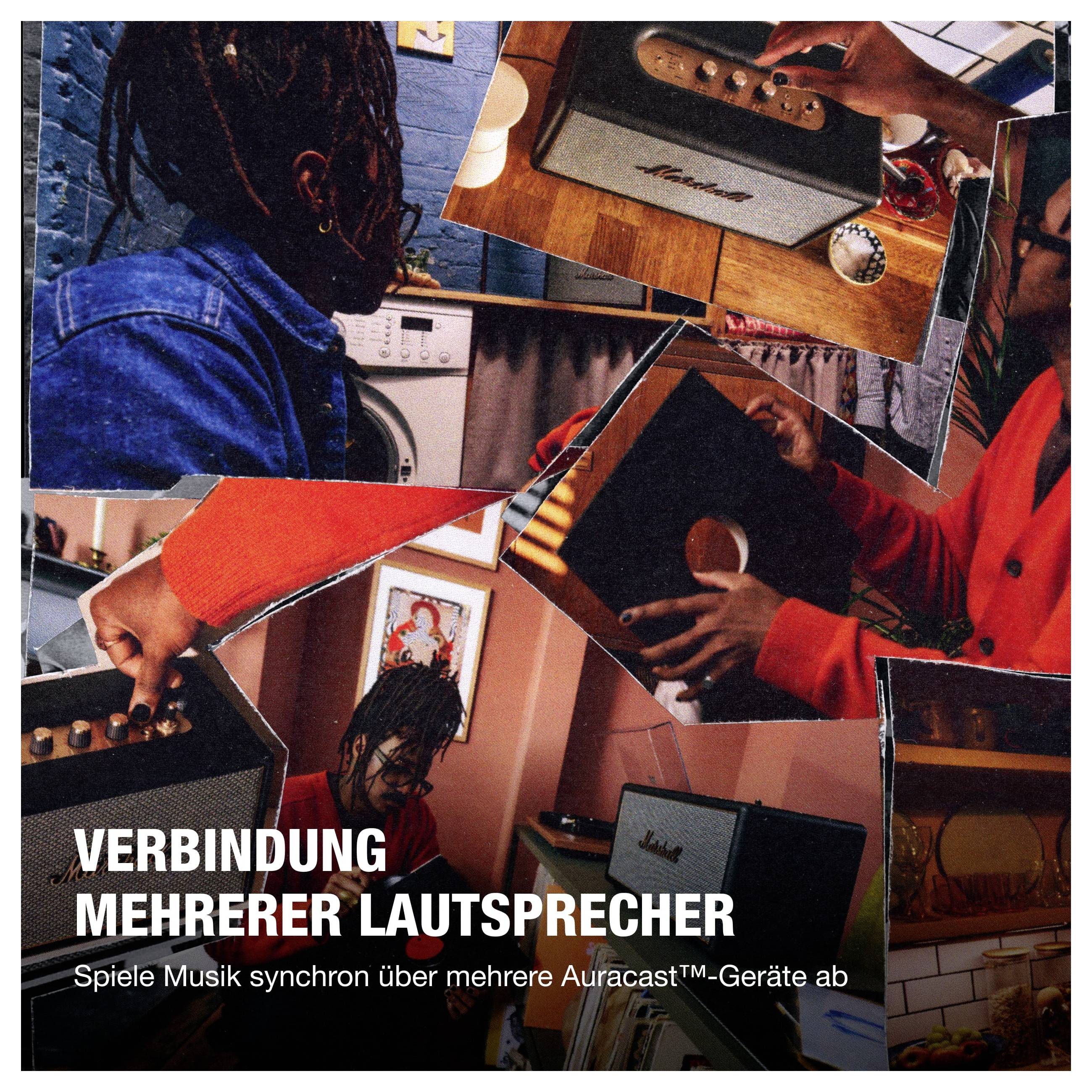 Werbe-Collage für Mehrraum-Audiowiedergabe: mehrere Lautsprecher und eine Person steuern Musik; Text: 'VERBINDUNG MEHRERER LAUTSPRECHER' und 'Spiele Musik synchron über mehrere Auracast™-Geräte ab'<br>