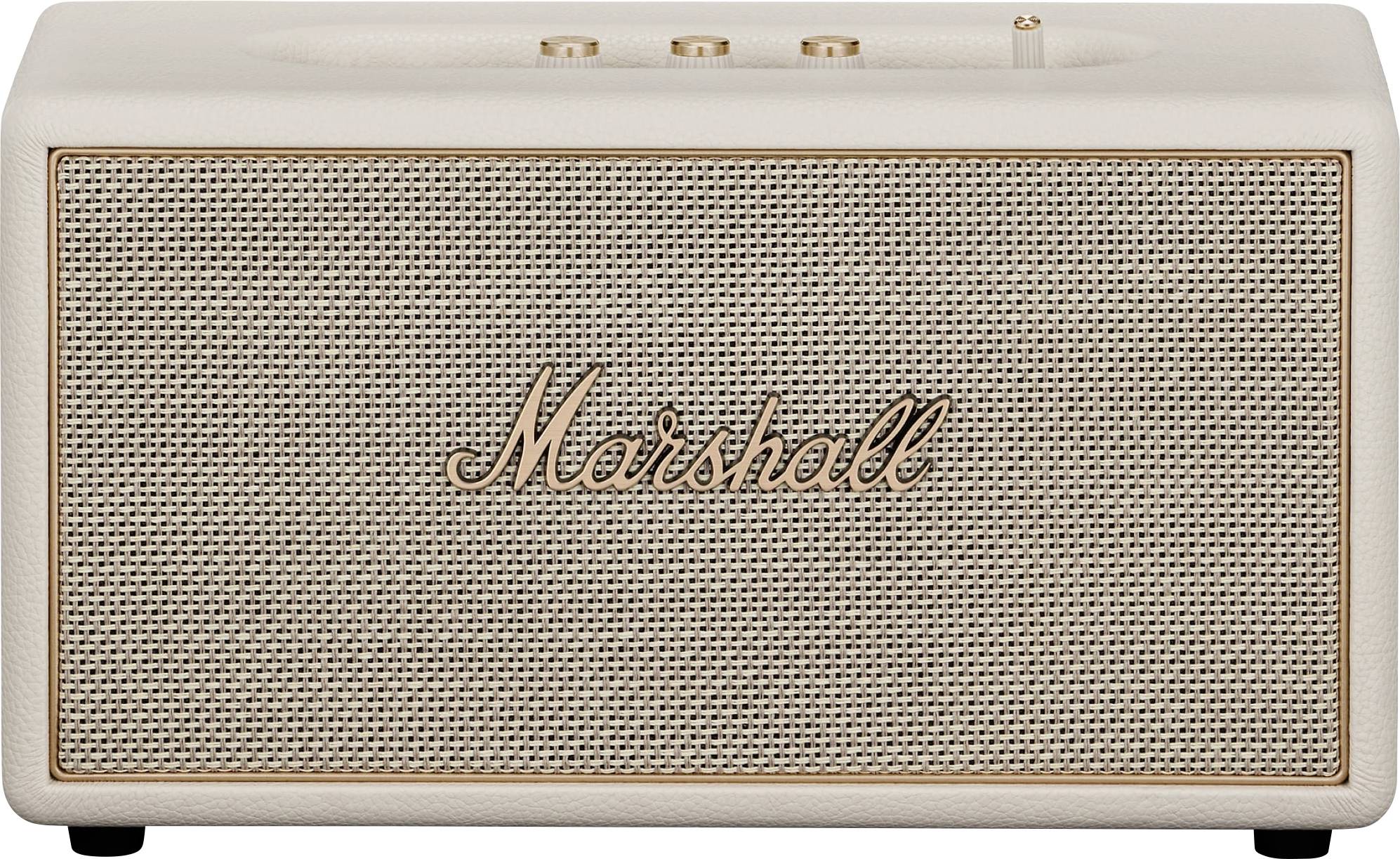 Beiger Marshall-Lautsprecher mit gewebtem Frontgitter und goldenem Logo, frontal auf weißem Hintergrund abgebildet.