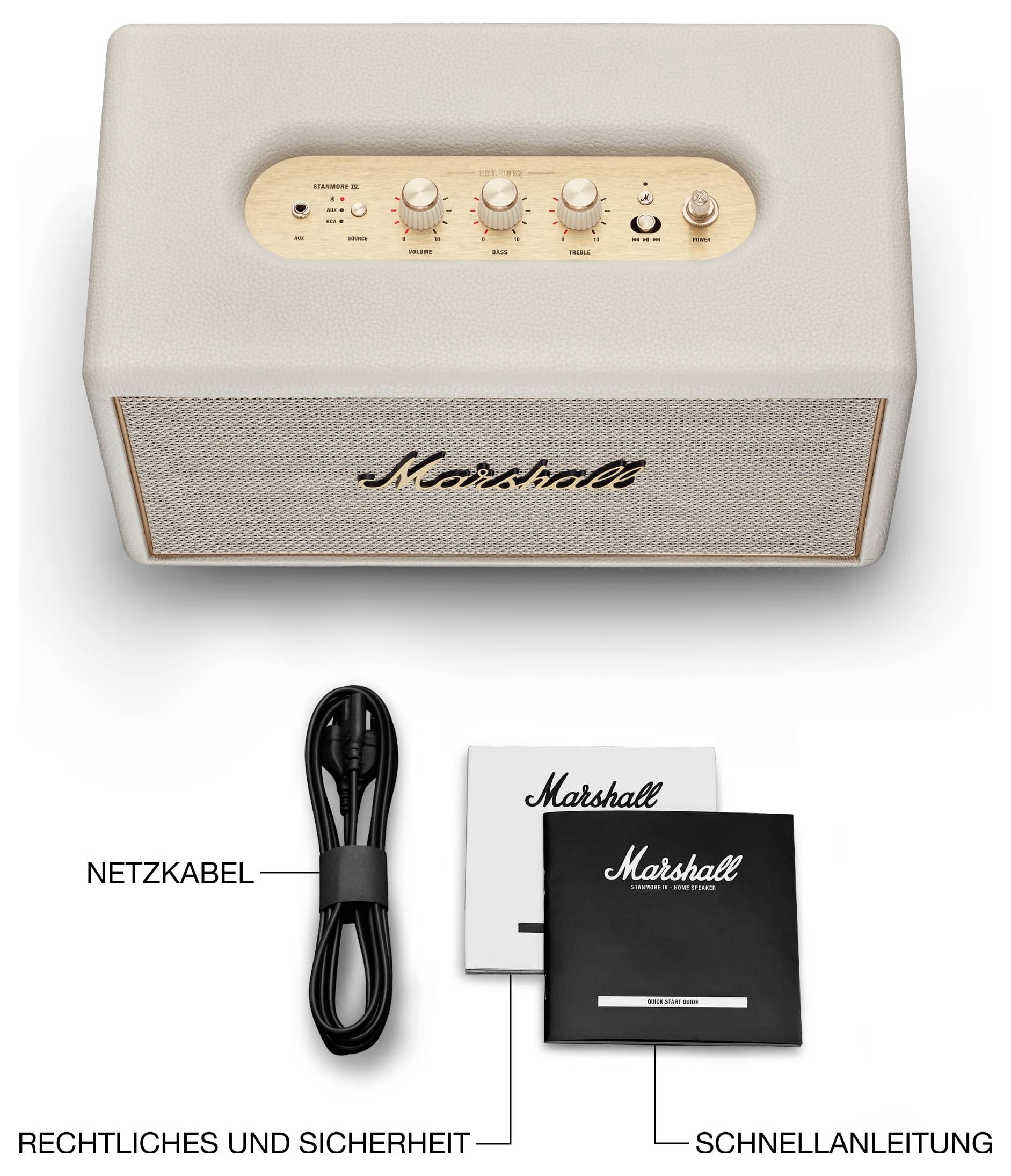 Beiger Marshall-Lautsprecher mit Netzkabel, Schnellanleitung und rechtlichen Sicherheitshinweisen als Lieferumfang.