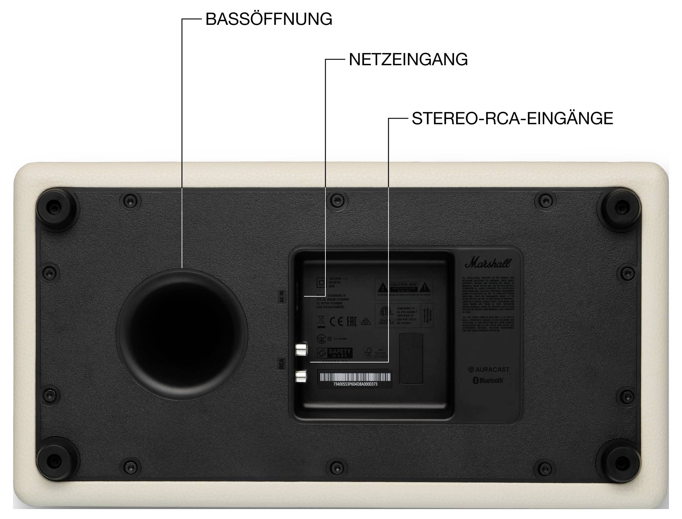 Rückseite eines Lautsprechers mit beschrifteten Anschlüssen: Bassöffnung, Netzeingang und Stereo-RCA-Eingänge.