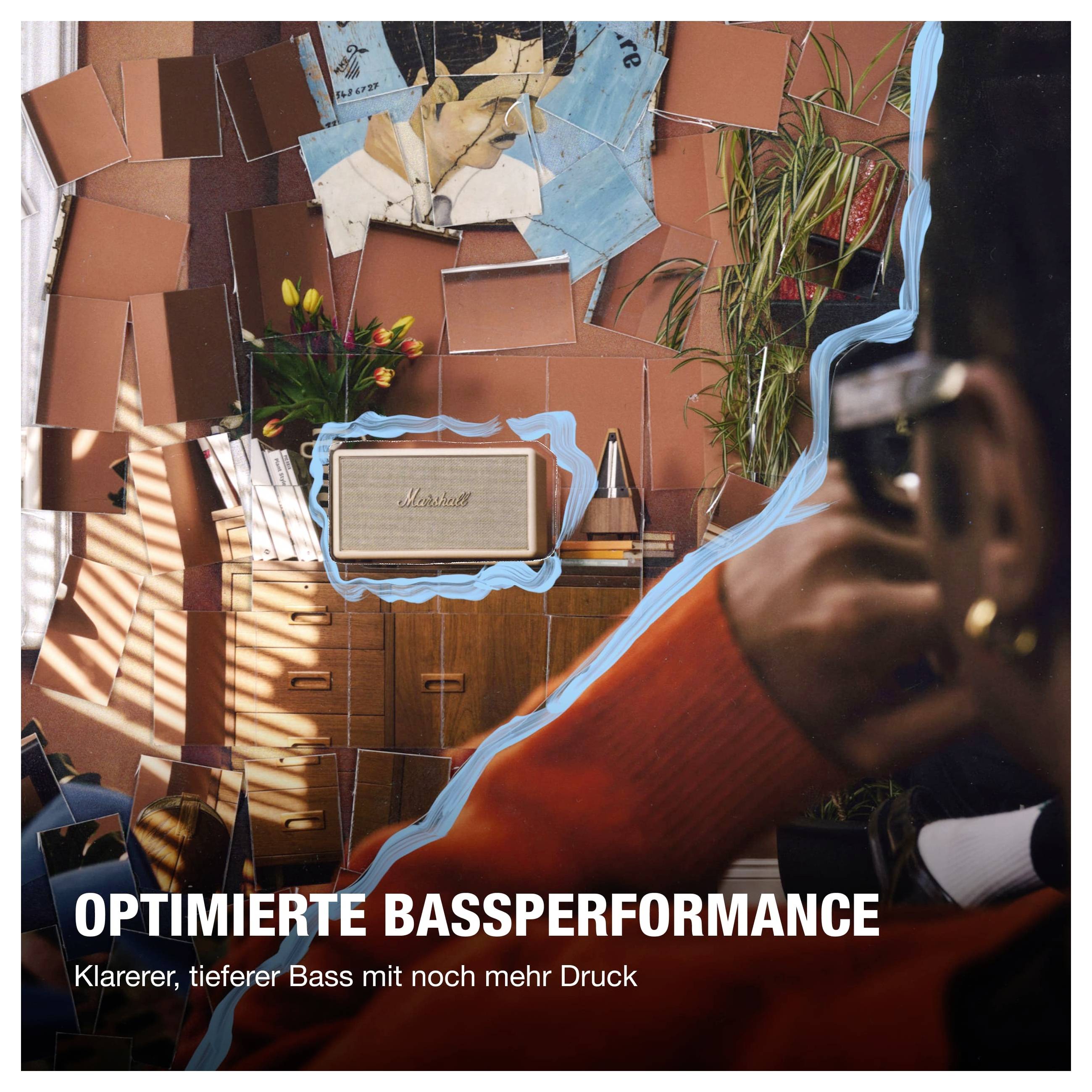 Werbung mit Marshall-Lautsprecher im Raum; Text: 'OPTIMIERTE BASSPERFORMANCE' und 'Klarerer, tieferer Bass mit noch mehr Druck'.