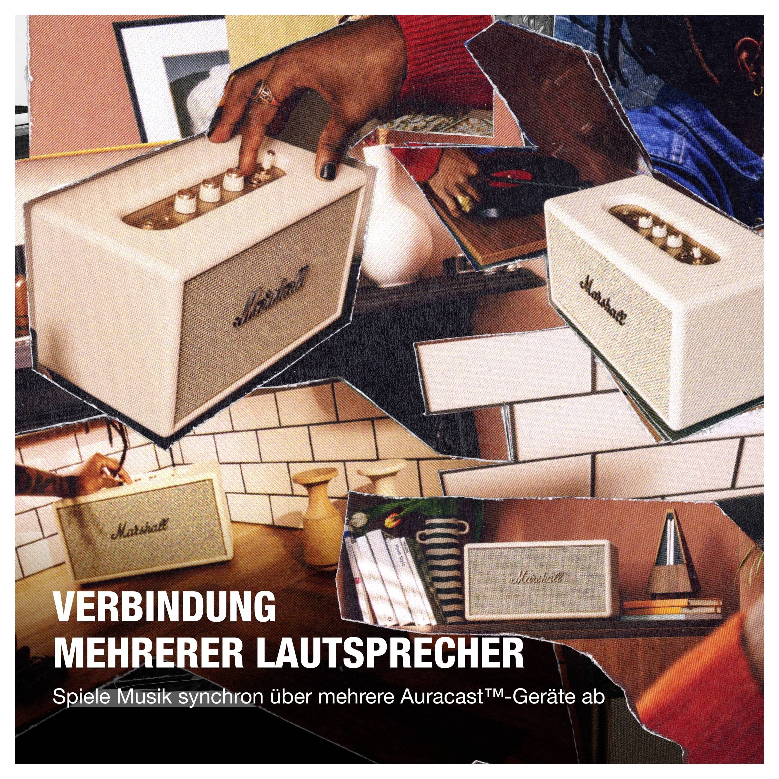 Werbung für die Verbindung mehrerer Marshall-Lautsprecher; mehrere kompakte Boxen und die Überschrift 'VERBINDUNG MEHRERER LAUTSPRECHER' mit Hinweis auf synchrones Auracast-Musikabspielen.