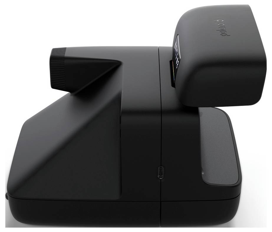 Schwarze Polaroid-Sofortbildkamera auf weißem Hintergrund, in Seitenansicht dargestellt.