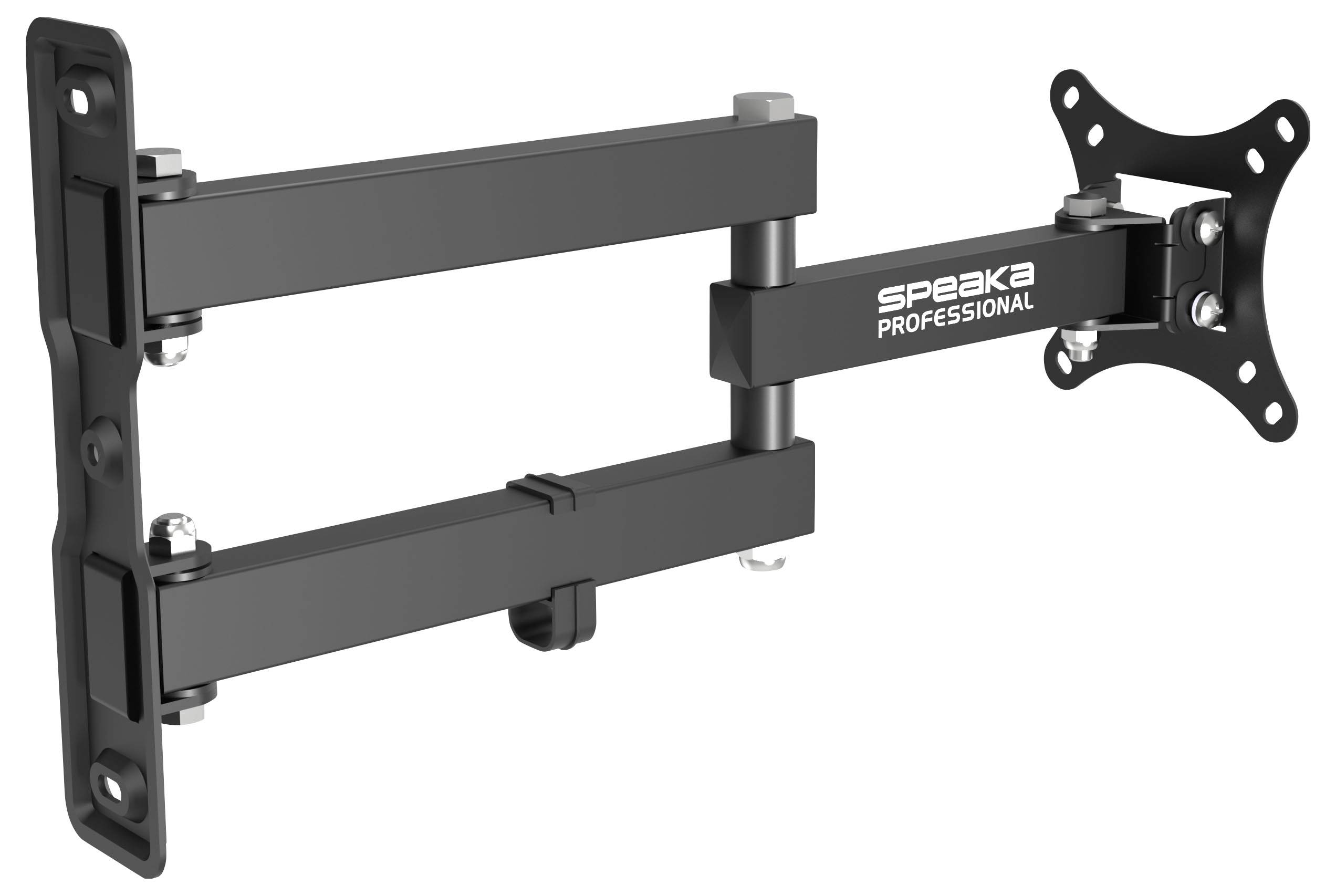 Verstellbarer schwarzer TV-Wandhalter mit Arm und VESA-Platte, mit der Aufschrift "SpeaKa Professional", in ausgefahrenem Zustand auf weißem Hintergrund dargestellt.