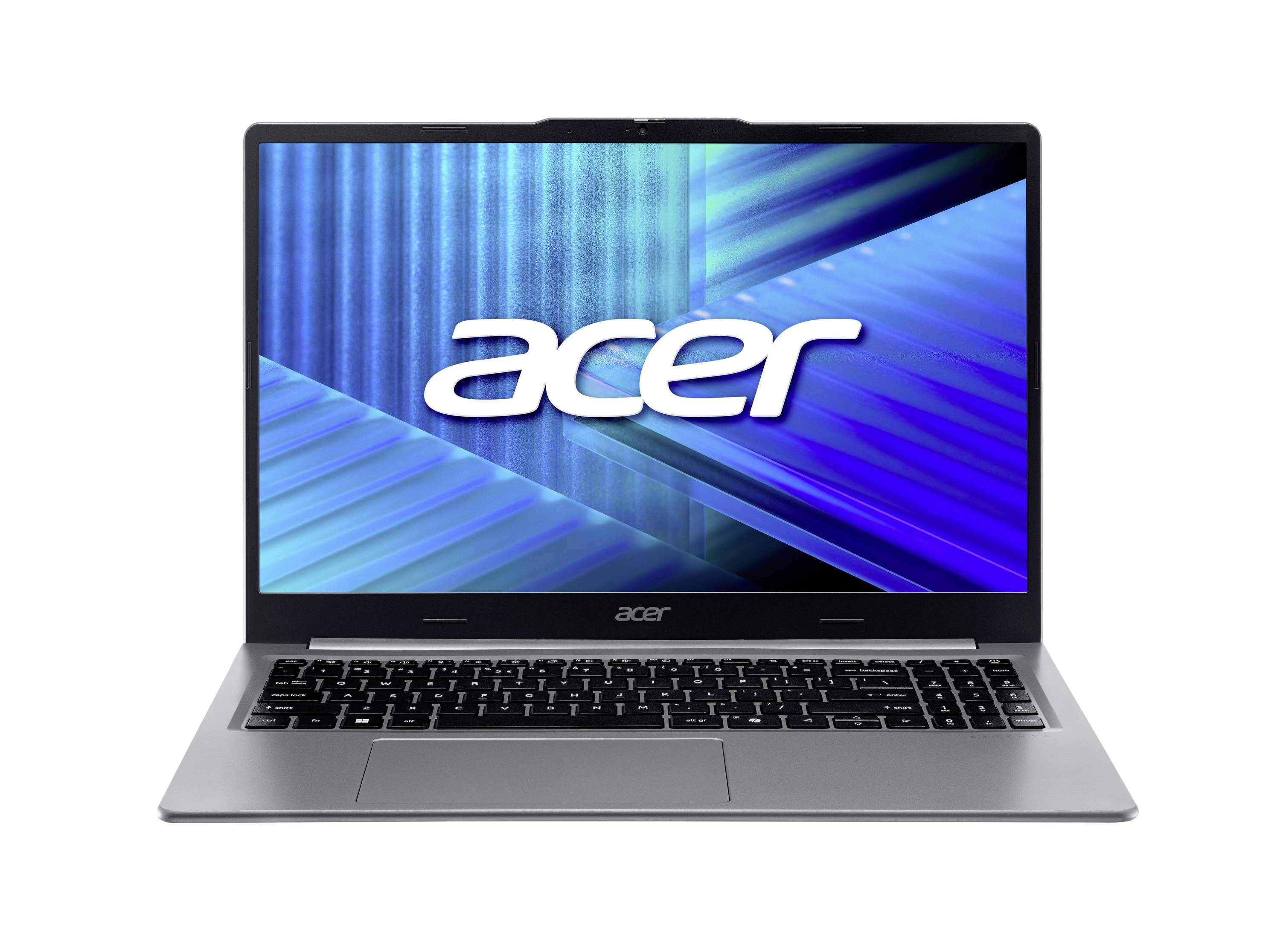 Frontansicht eines silbernen Acer-Laptops, der geöffnet ist und auf dem Bildschirm das Acer-Logo auf einem blauen abstrakten Hintergrund angezeigt wird.