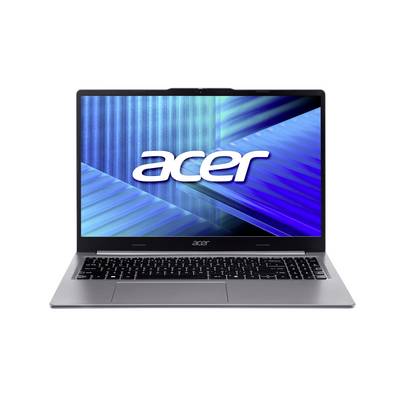 Frontansicht eines silbernen Acer-Laptops, der geöffnet ist und auf dem Bildschirm das Acer-Logo auf einem blauen abstrakten Hintergrund angezeigt wird.
