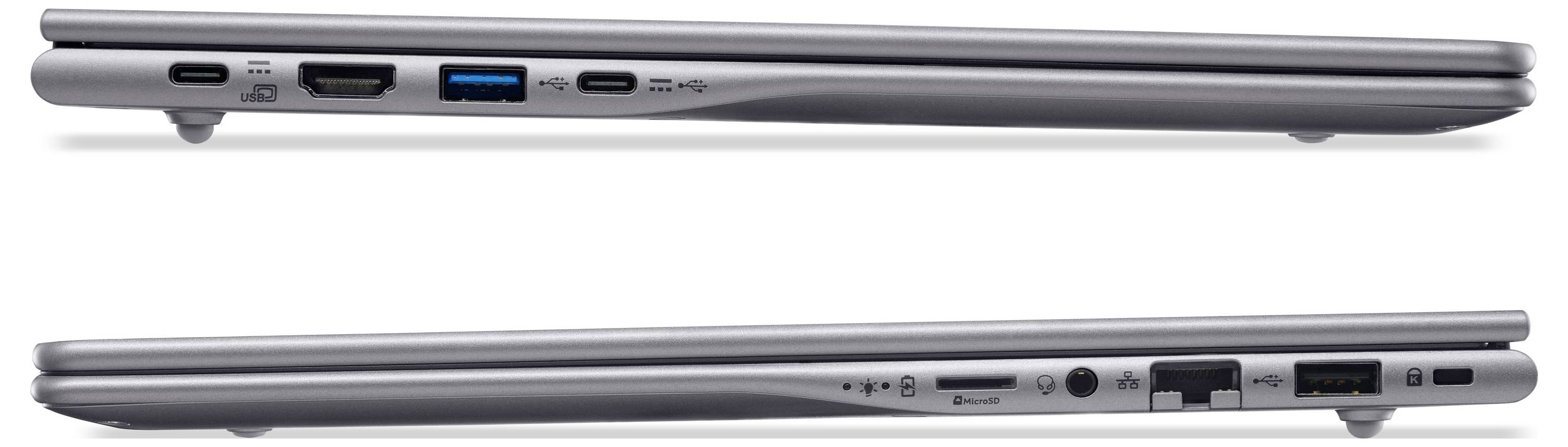 Seitenansicht eines silbernen Laptops, geöffnet und geschlossen dargestellt, hervorhebend das schlanke Profil und die seitlichen Anschlüsse einschließlich USB, HDMI und Kartensteckplätze.