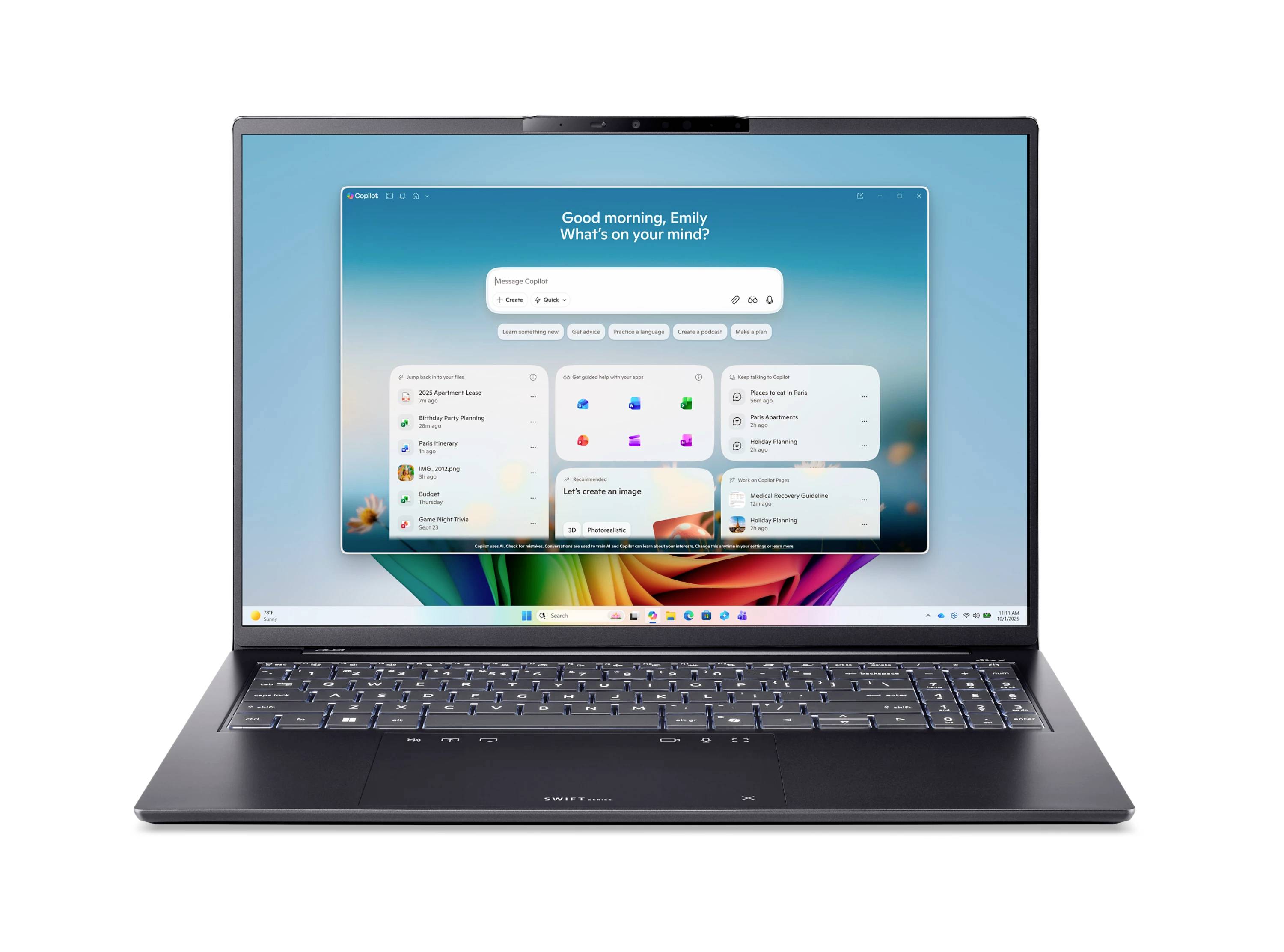 Frontansicht eines Laptops mit einem Windows-ähnlichen Startbildschirm, einer Suchleiste und App-Widgets auf einem farbenfrohen Hintergrundbild.