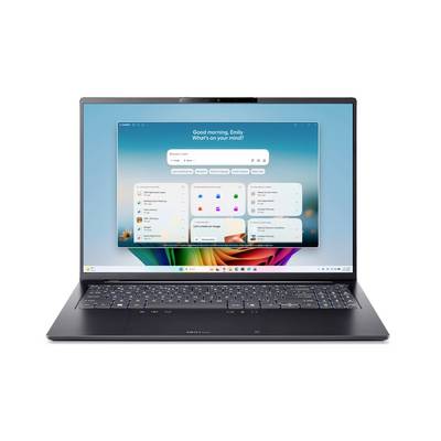 Frontansicht eines Laptops mit einem Windows-ähnlichen Startbildschirm, einer Suchleiste und App-Widgets auf einem farbenfrohen Hintergrundbild.
