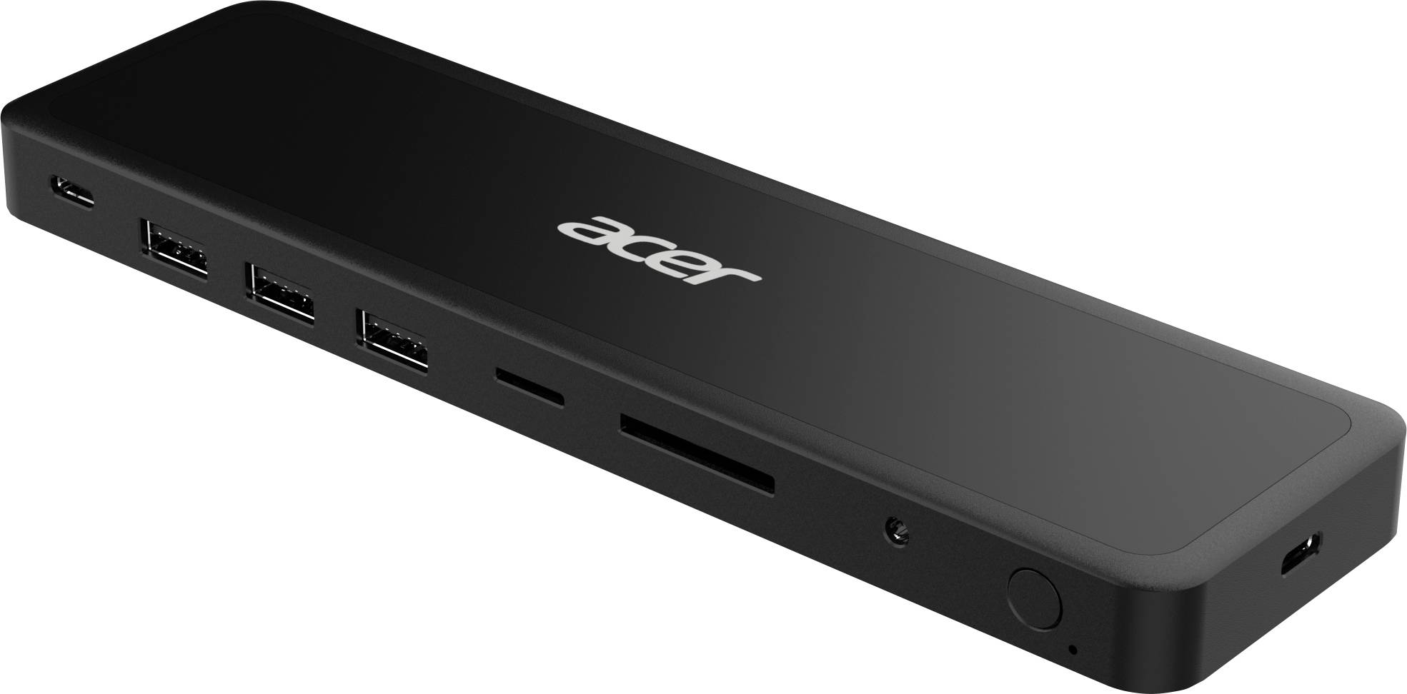 Acer schwarze USB-C-Dockingstation mit mehreren USB-Anschlüssen, SD-Kartenschacht und Stromschalter auf einem schlanken rechteckigen Gerät.