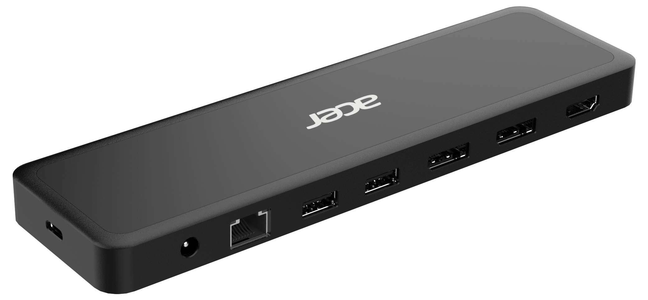 Ein schwarzer Acer USB-C-Hub mit mehreren USB-Anschlüssen und einem Ethernet-Anschluss, gezeigt auf weißem Hintergrund.