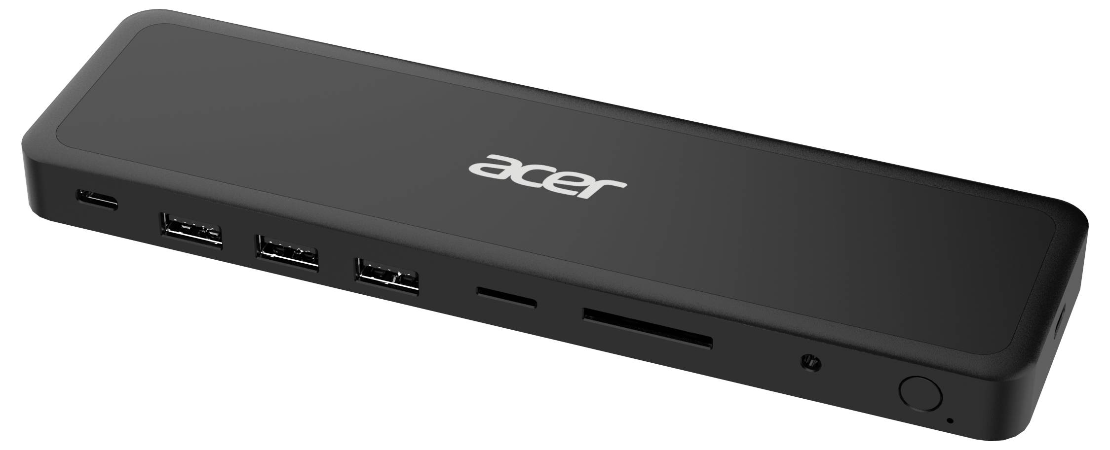 Schwarze Acer-Dockingstation mit mehreren vorderen Anschlüssen und einem Stromanschaltknopf, dargestellt auf weißem Hintergrund.