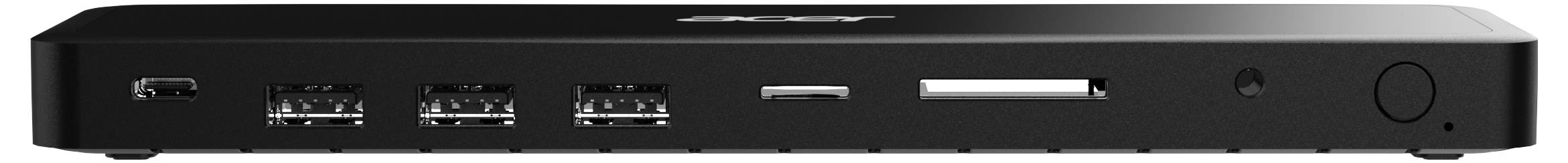 Schwarzes Laptop-Seitenpanel mit mehreren Anschlüssen, darunter USB und HDMI, sowie einem runden Netzschalter.