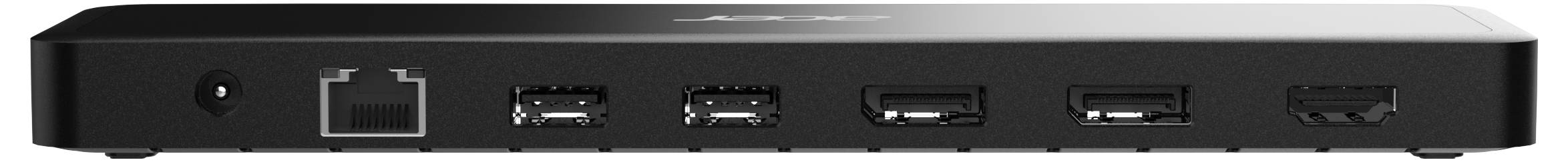 Schwarzes rechteckiges Geräte-Frontpanel mit Stromschalter, Ethernet-Port, zwei USB-Ports und zwei zusätzlichen Ports.