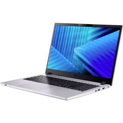 Silbernes Acer-Laptop, das in einem Winkel geöffnet angezeigt wird, mit einem blauen abstrakten Hintergrundbild auf dem Bildschirm.