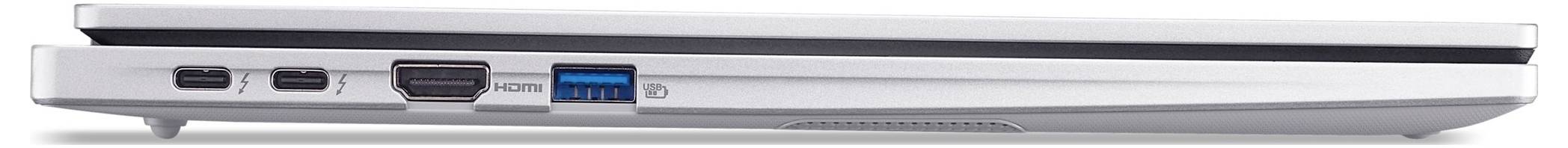 Seitenansicht eines schlanken silbernen Laptops mit USB-, HDMI- und blauen USB-Anschlüssen entlang der Kante.