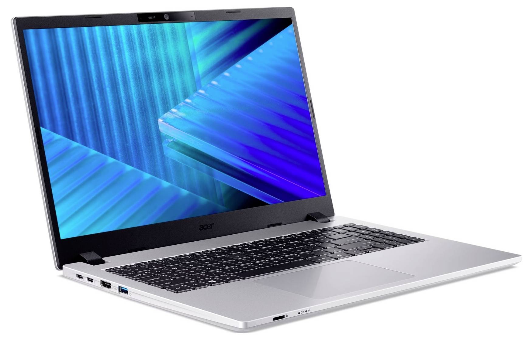 Silberner Acer-Laptop in einem Winkel geöffnet, zeigt einen blauen abstrakten Bildschirm auf weißem Hintergrund.