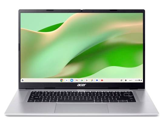 Acer-Laptop geöffnet mit einem grünen abstrakten Hintergrundbild auf dem Bildschirm und einer zentrierten Tastatur und einem Touchpad.