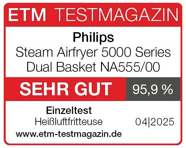 Bewertungsplakette von ETM Testmagazin für 'Philips Steam Airfryer 5000 Series Dual Basket NA555/00' mit Note 'SEHR GUT' und 95,9 % im Einzeltest Heißluftfritteuse, 04|2025.