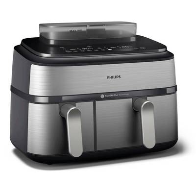 Philips Edelstahl-Dual-Korb-Heißluftfritteuse mit digitalen Bedienelementen und zwei vorderen Griffen, dargestellt vor weißem Hintergrund.