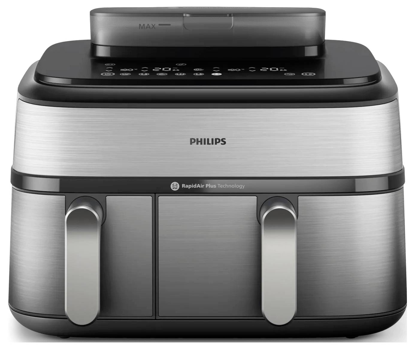 Frontansicht eines Philips Doppelkorb-Heißluftfritteuers mit Touchscreen-Bedienung und zwei herausziehbaren Garzeichen.