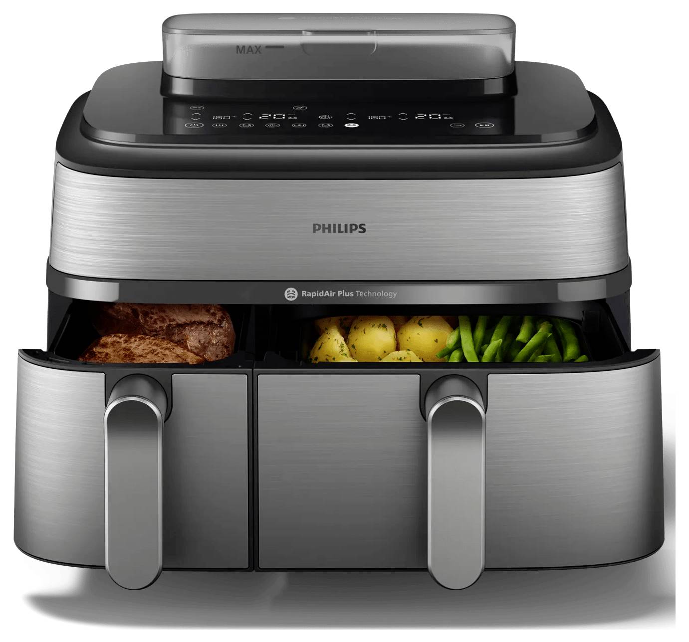 Philips Doppelkorb-Heißluftfritteuse mit zwei Schubladen zum Garen von Steak, Kartoffeln und grünen Bohnen.