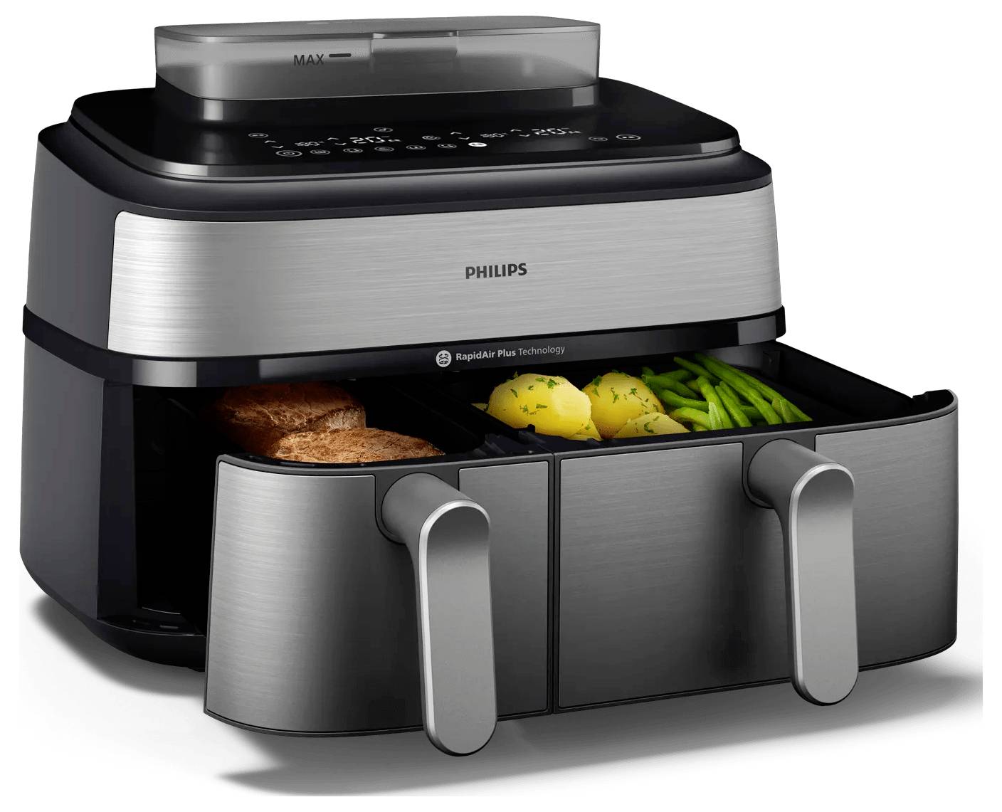 Philips Heißluftfritteuse mit zwei offenen Schubladen, die Fleisch, Kartoffeln und grüne Bohnen enthalten, zeigt einen Dual-Korb-Arbeitsplattengarer.