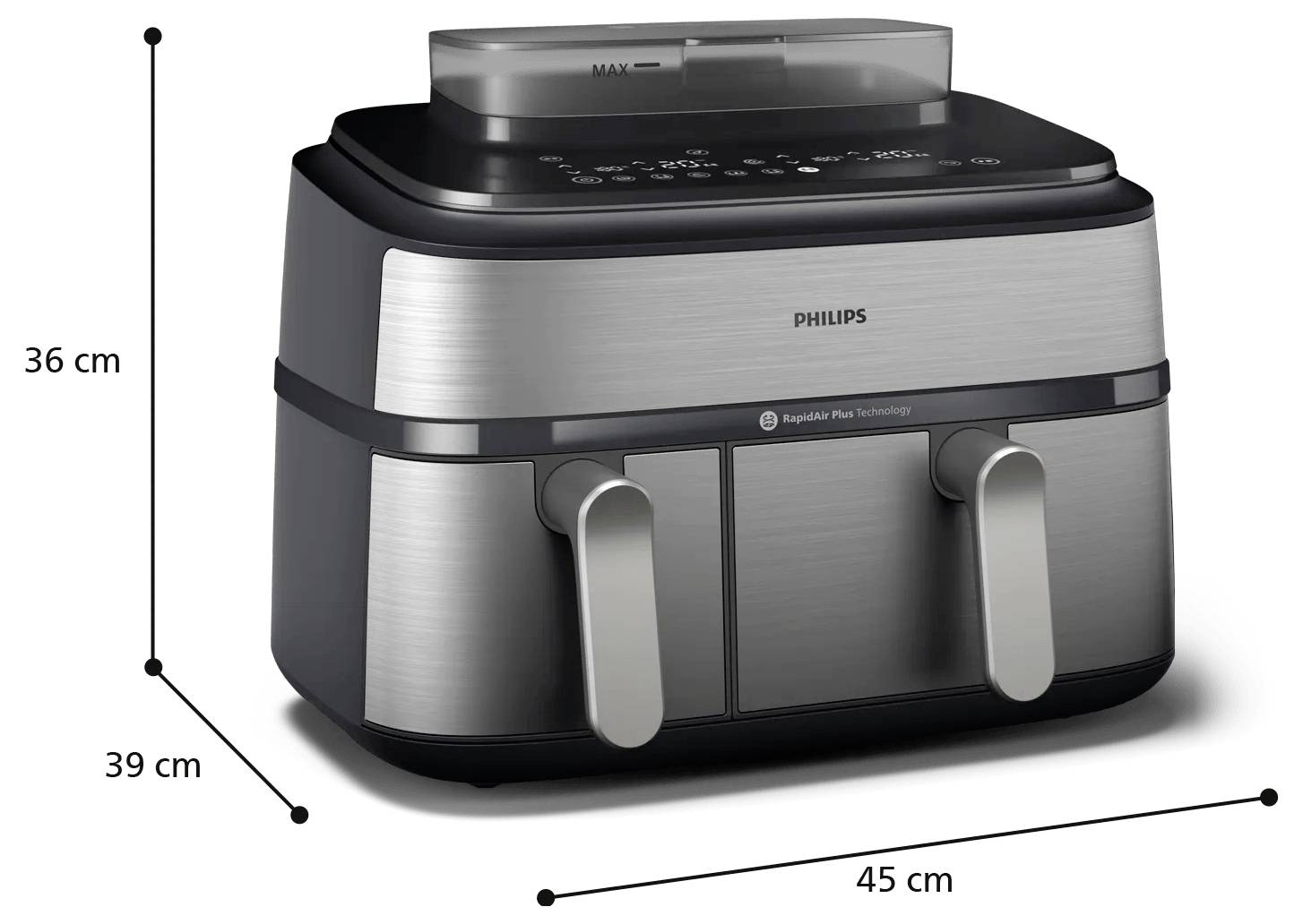 Philips Heißluftfritteuse mit zwei Körben, gezeigt mit Abmessungen von 45 cm Breite, 36 cm Höhe und 39 cm Tiefe.