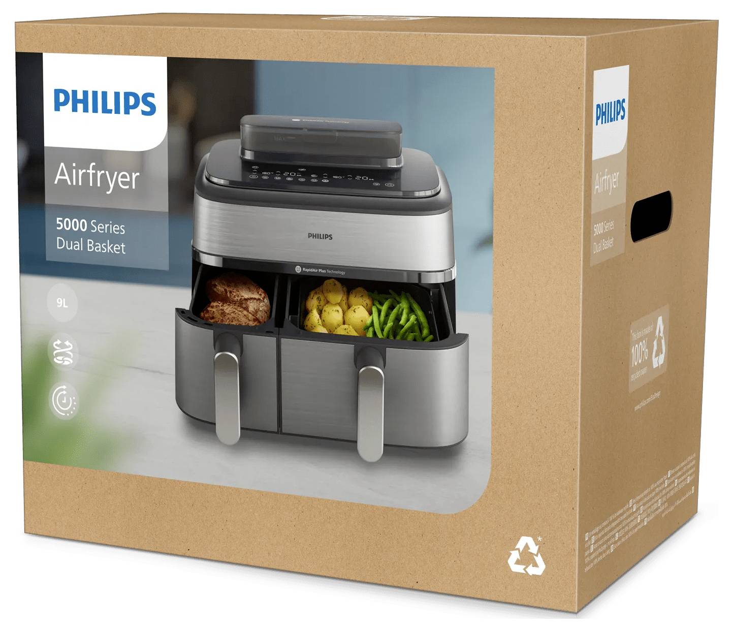Philips Airfryer 5000 Series Dual Basket Box, zeigt eine Dual-Basket-Heißluftfritteuse mit Lebensmitteln, die darin garen.