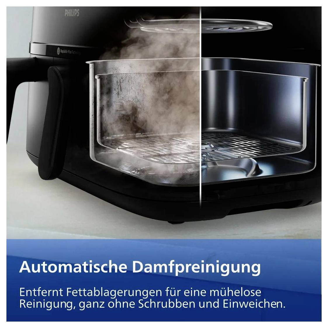 Geteilte Ansicht einer Philips-Gerätekammer, die zeigt, wie automatische Dampfreinigung Fett entfernt, mit Vorher-Nachher-Effekt und deutschem Text „Automatische Dampf..."