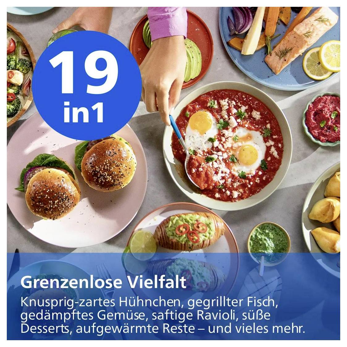 Werbebild für Lebensmittel mit einem blauen „19 in 1"-Abzeichen und deutschem Text „Grenzenlose Vielfalt", das verschiedene Gerichte wie Burger, Eier, Lachs, Desserts und Gemüse zeigt.