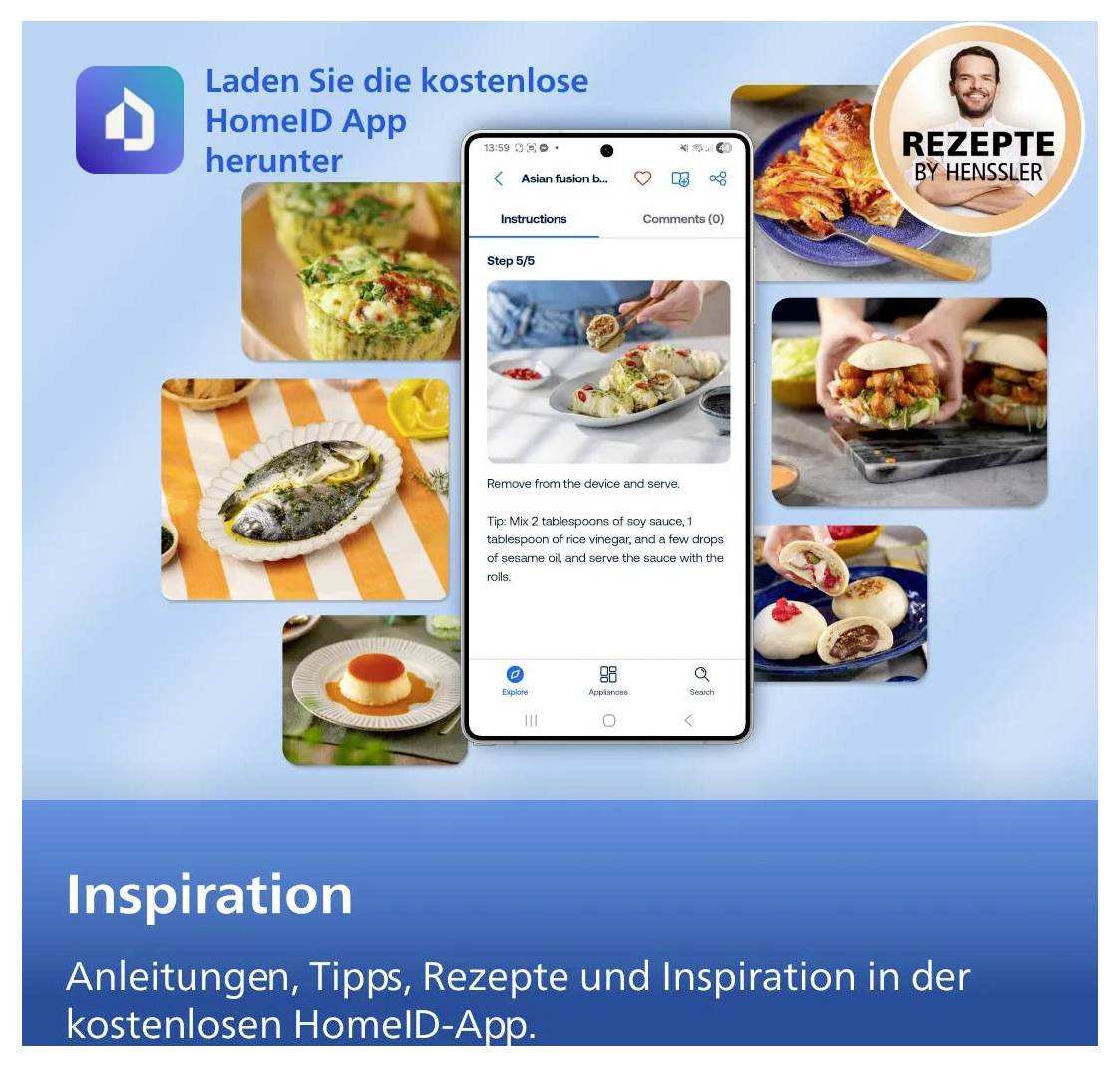 Anzeige für die kostenlose HomeID-App, die ein Smartphone mit Rezeptanleitungen zeigt, umgeben von Lebensmittelfotos und dem Text „Inspiration" und „Anleitungen, Tipps, Rezepte und Inspiration in der kostenlosen HomeID-App."