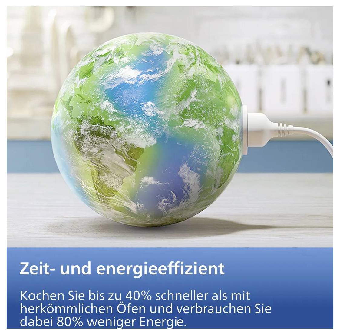 Erdförmiger grün-blauer Ofen mit Stromkabel, der „Zeit- und energieeffizientes" Kochen bewirbt: bis zu 40% schneller und 80% weniger Energieverbrauch als herkömmliche Öfen.