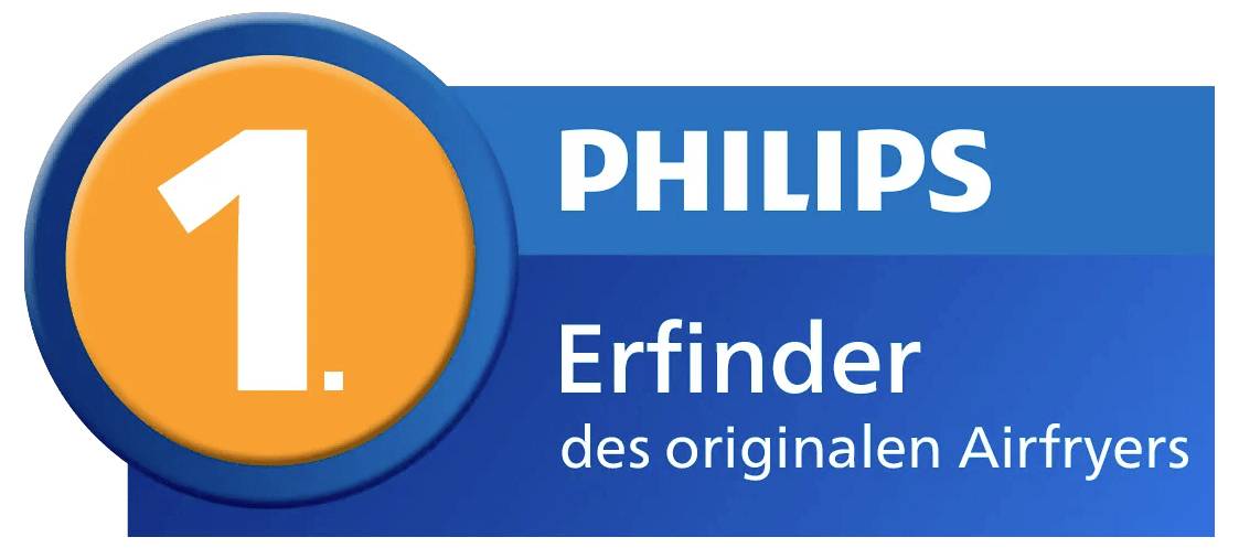 Philips Abzeichen mit großem orangefarbenem "1." und dem Text "PHILIPS Erfinder des originalen Airfryers," das erste Platz oder Spitzenplatzierung anzeigt.