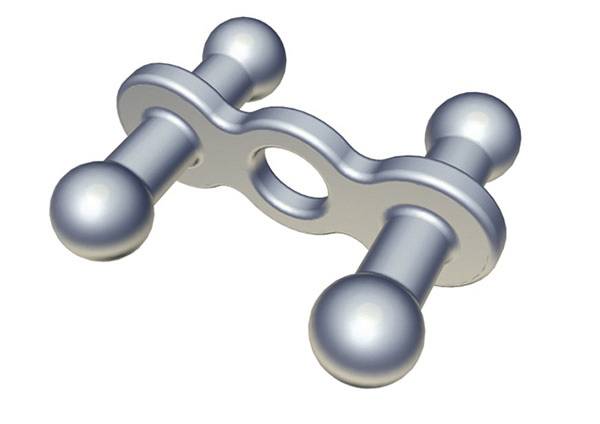 3D-Rendering eines metallischen mechanischen Verbinders mit vier abgerundeten Endkappen und einem zentralen Loch