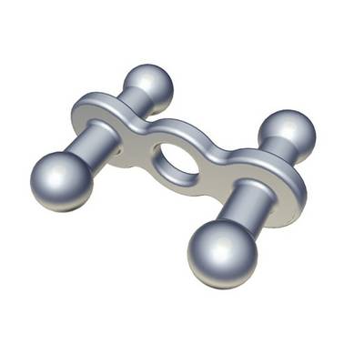 3D-Rendering eines metallischen mechanischen Verbinders mit vier abgerundeten Endkappen und einem zentralen Loch