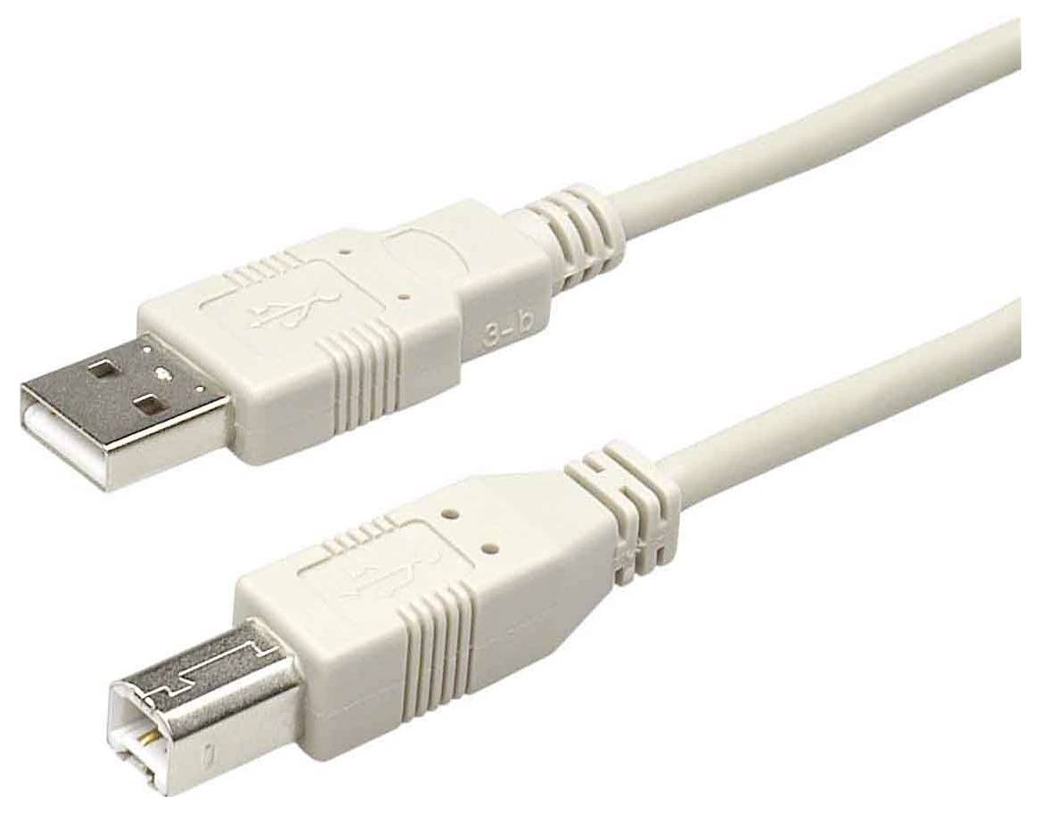 Weißes USB-Kabel mit einem Standard-USB-A-Stecker auf der einen Seite und einem quadratischen USB-B-Geräteanschluss auf der anderen Seite.