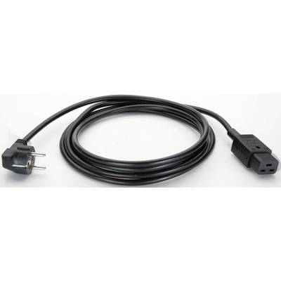 Schwarzes Stromverlängerungskabel, aufgerollt mit einem zweipoligem Stecker an einem Ende und einer dreipoligen Steckdose am anderen Ende.