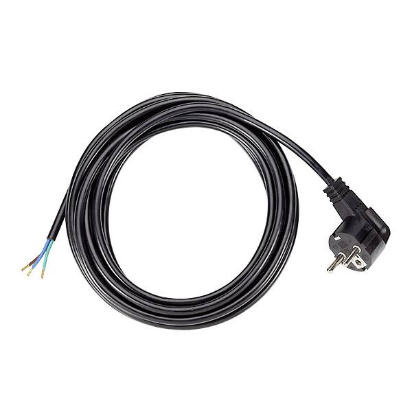 Schwarzes Stromkabel aufgerollt mit europäischem Stecker und freigelegten Drahtenden auf der anderen Seite.