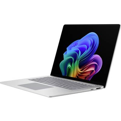 Ein silberner Laptop, der in einem Winkel offen angezeigt wird und zeigt ein buntes abstraktes blütenähnliches Hintergrundbild auf einem schwarzen Bildschirm.