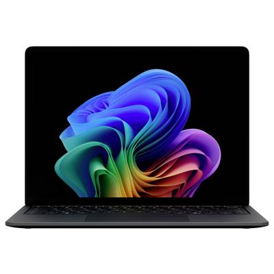 Ein eleganter Laptop, frontal dargestellt, mit einem farbenfrohen abstrakten blauen, grünen und violetten Wirbel auf dem Bildschirm vor schwarzem Hintergrund.