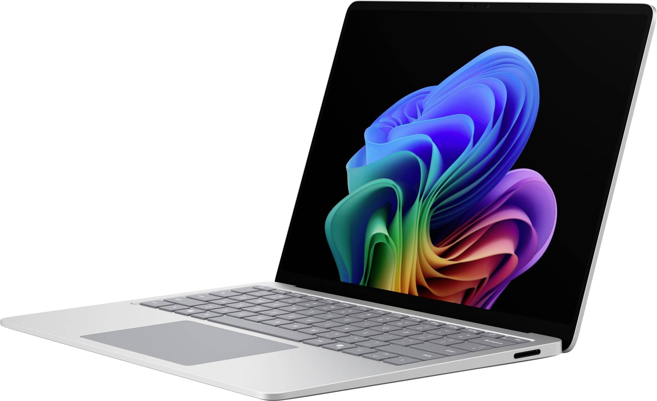 Silberner Laptop mit großem Bildschirm, auf dem ein buntes abstraktes Wirbelmuster auf schwarzem Hintergrund angezeigt wird.