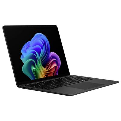 Schwarzer Laptop oder Tablet mit abnehmbarer Tastatur, aufgeklappt auf weißem Hintergrund mit farbenfrohem abstraktem blütenähnlichem Bildschirm.