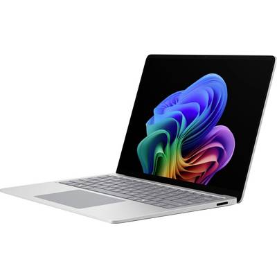 Silberner Laptop mit einem farbenfrohen abstrakten blütenartigen Hintergrundbild auf dem Bildschirm, aufgeklappt auf weißem Hintergrund dargestellt.
