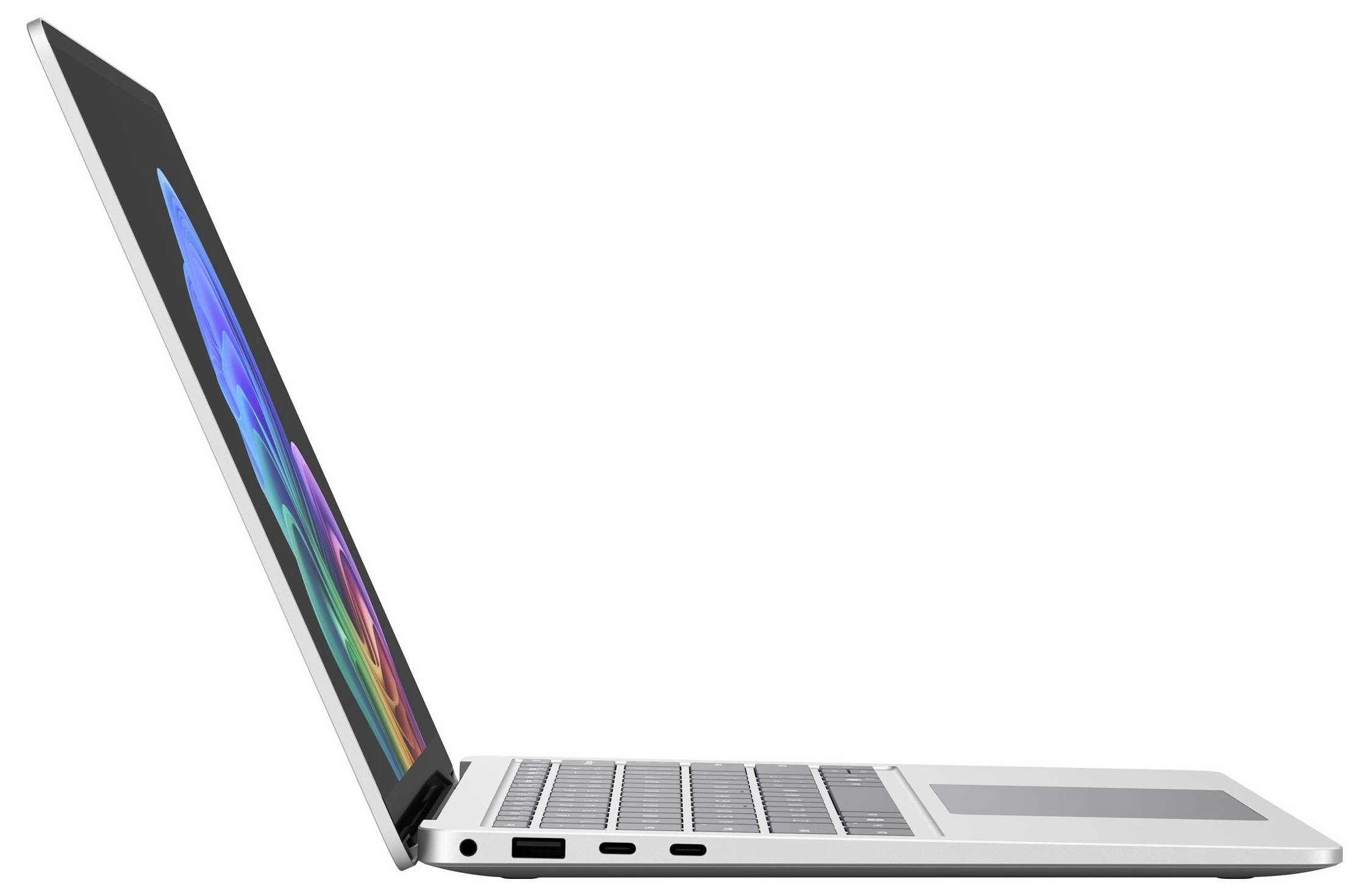 Seitenansicht eines geöffneten silbernen Laptops mit einem farbenfrohen Bildschirm und sichtbarer Tastatur und Anschlüssen auf weißem Hintergrund.